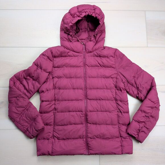 Uniqlo Down Puffer Jacket Womens Medium Mauve Pink Hooded Lightweight - Picture 1 of 9